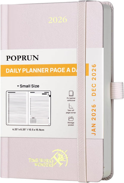 POPRUN 2026 Daily Planner One Page Per Day A6 Size Calendar (4.25" x 6.25") - 12 Months Hourly Appointment Book with Hardcover, Monthly Tabs, Pocket, Pen Holder - Light Pink
