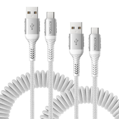Coiled USB to USB C Cable 6FT, 2Pack Braided USB A to Type C Charger Cable for Car 66W Fast Charging Cord Compatible with iPhone 17 16 15 Pro Max, iPad, Samsung Galaxy, Google Pixel, LG Phones-Silver
