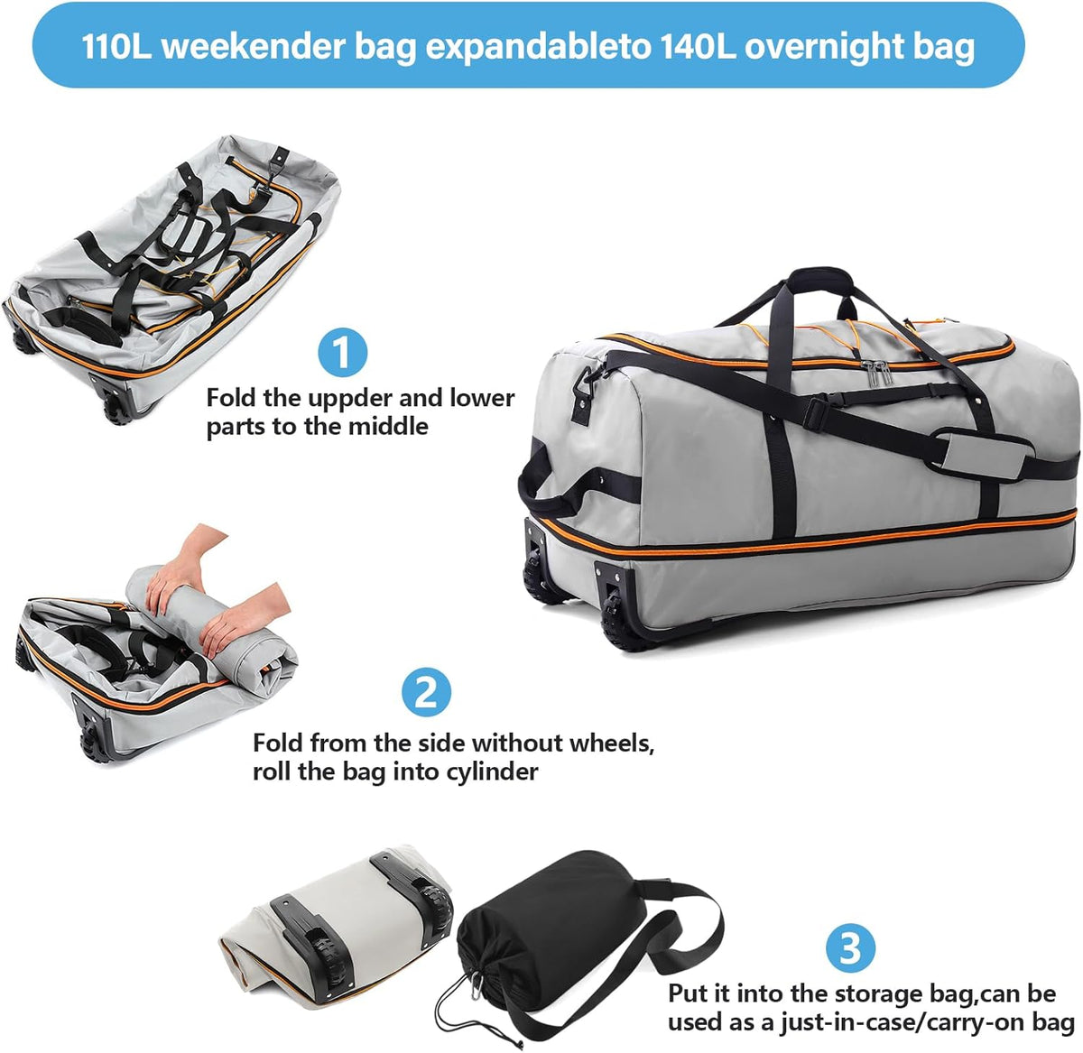 Vomgomfom Wheeled Collapsible Duffel Bag,110L-140L Expandable Checked Luggage, No-Telescopic-Handle with Anti-Burst Zipper & Reinforced Frame,Grey