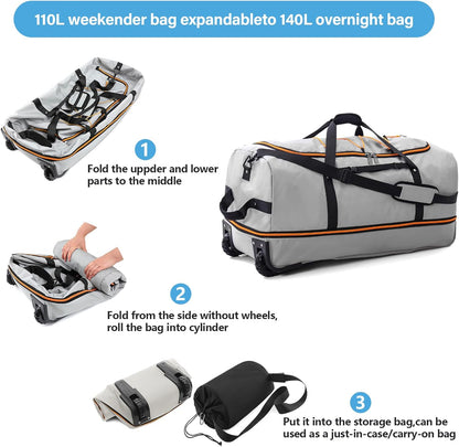 Vomgomfom Wheeled Collapsible Duffel Bag,110L-140L Expandable Checked Luggage, No-Telescopic-Handle with Anti-Burst Zipper & Reinforced Frame,Grey