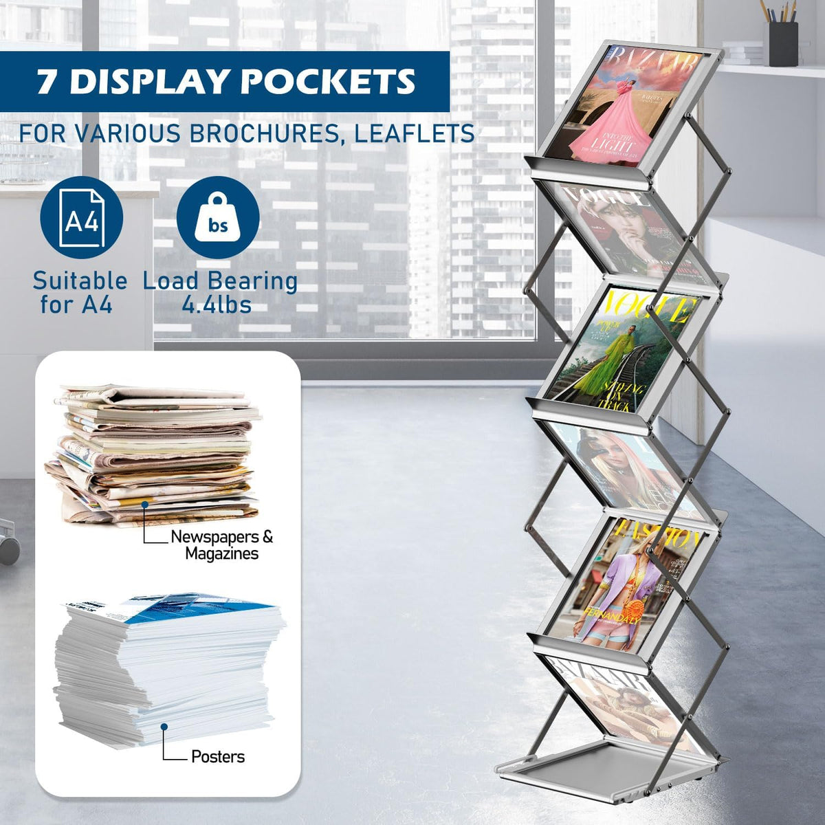 6 Pockets Foldable Aluminum Magazine Rack - Brochure Display Stand, Brochure Catalog Literature Display Stand with Carrying Bag for Exhibition, Trade Show, Office, Retail Store