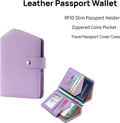 Cute RFID Passport Wallet for Women Leather Slim Passport Holder Travel Wallet Cover with Zipper Coin Purse, Credit Card, Sim and Tticket Slots (Purple)