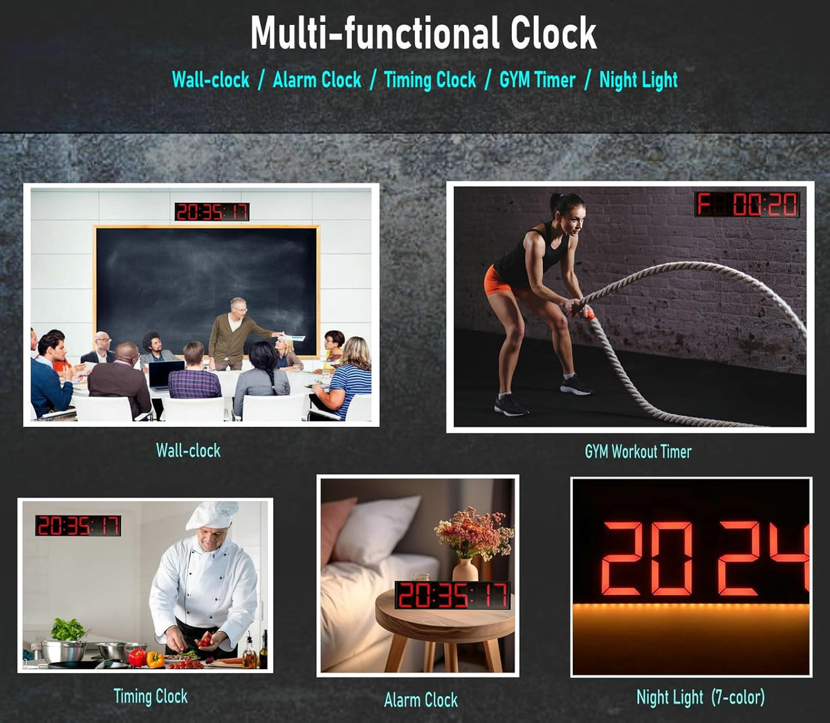 26'' Huge Digital Wall Clock, Home Gym Interval Workout Timers, with Countdown, Stopwatch, 7-Color Light, 8-Alarms, Calendar/Temperature Display, for HIIT/Tabata/FGB/EMOM (Red)