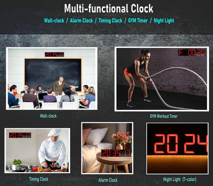 26'' Huge Digital Wall Clock, Home Gym Interval Workout Timers, with Countdown, Stopwatch, 7-Color Light, 8-Alarms, Calendar/Temperature Display, for HIIT/Tabata/FGB/EMOM (Red)