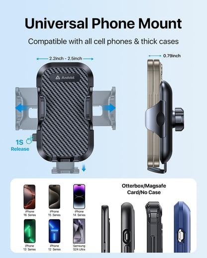 andobil Car Phone Holder, 2025 Military-Grade 85lbs Strongest Suction Phone Holders for Your Car Dashboard/Windshield/Vent Easy Clamp Cellphone Holder Truck Stand for iPhone 16 15 14 Pro Max Samsung