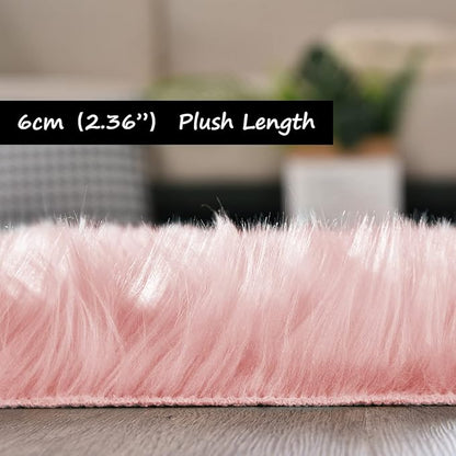 Goolela Pink Fluffy Fur Rug Fuzzy Furry Faux Sheepskin Pink Carpet 2x3 for Girls Bedroom Bedside Playroom Small Decor Cute Plush Washable Rectangle