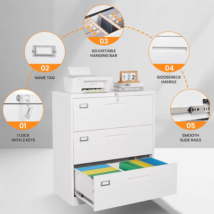 3 Drawer File Cabinets for Home Office, Metal Filing Cabinet with Lock, White Locking File Caninet Three Drawer, Office Storage Caninets Steel Cabnet for Letter/Legal/A4/F4-Assembly Required