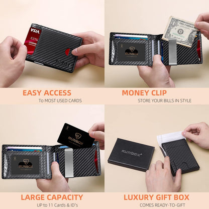 RUNBOX Slim Wallets for Men - Leather Money Clip Mens Wallet - RFID Blocking Front Pocket Bifold Wallet - Thin Credit Card Holder with Gift Box