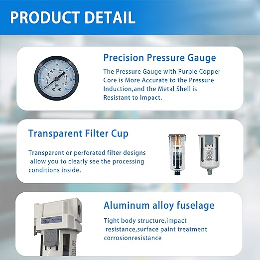 XingNEeng 1/4" NPT Compressed Air Filter Regulator Lubricator (FRL) Combo, Water/Oil Trap Separator, Air Pressure Regulator with Pressure Gauge(0-150 psi), Manual Drain, Poly Bowl, Metal Bracket