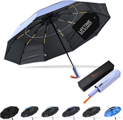 DryDay Travel Umbrellas for Rain - Large Windproof Double Canopy Umbrella, 10 Durable Ribs, Strong Frame, Auto Open Close Ergonomic Handle, Compact Waterproof Umbrella for Women & Men