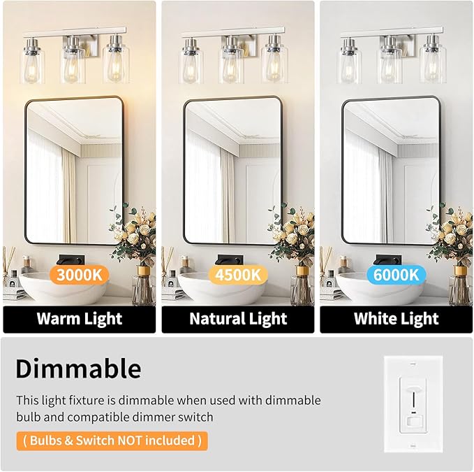 DIKAIDA 3-Light Bathroom Light Fixtures, Nickel Bathroom Vanity Light