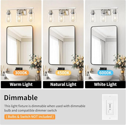 DIKAIDA 3-Light Bathroom Light Fixtures, Nickel Bathroom Vanity Light