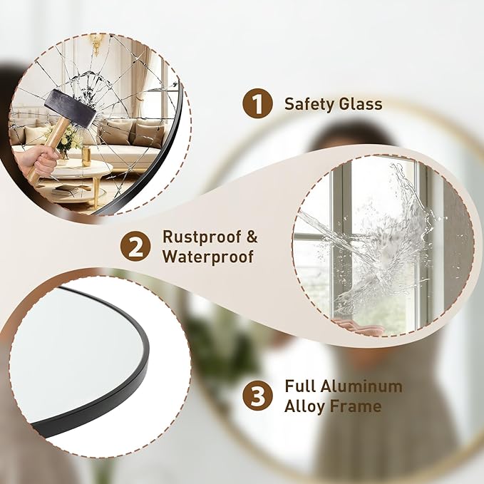 NEWBULIG 28 Inch Round Wall Mirror, Bathroom Mirror for Over Sink, Matte Metal Framed Circle Vanity Mirror, Wall Decor for Bedroom, Entryway, Anti-Rust, Tempered Glass, Hanging or Leaning,Black