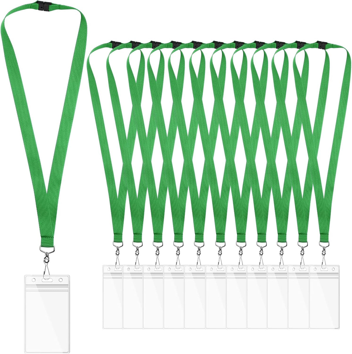 12 Pack Green Breakaway Lanyards with Waterproof Badge Holders, Metal Hook, Polyester Neck Straps for ID Cards, Events, Office, and Schools