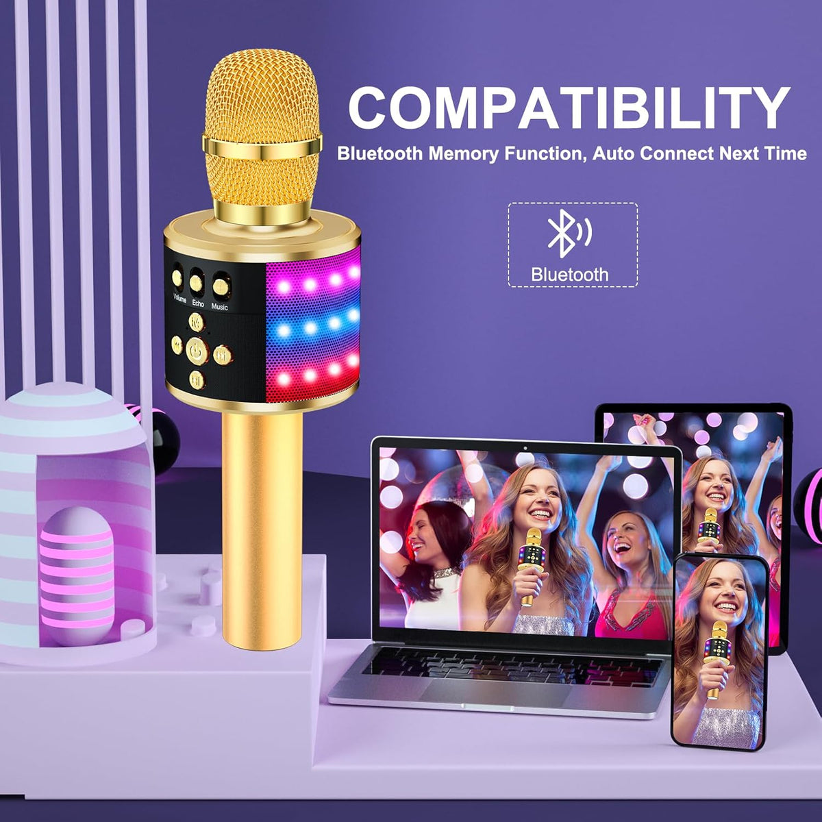 BONAOK Karaoke Microphone for Kids & Adults - Bluetooth Microphones Singing Mic with Disco Lights, Echo Effect, Built-in Speaker Portable Karaoke Player for Party Travel Gifts Q78(Gold)