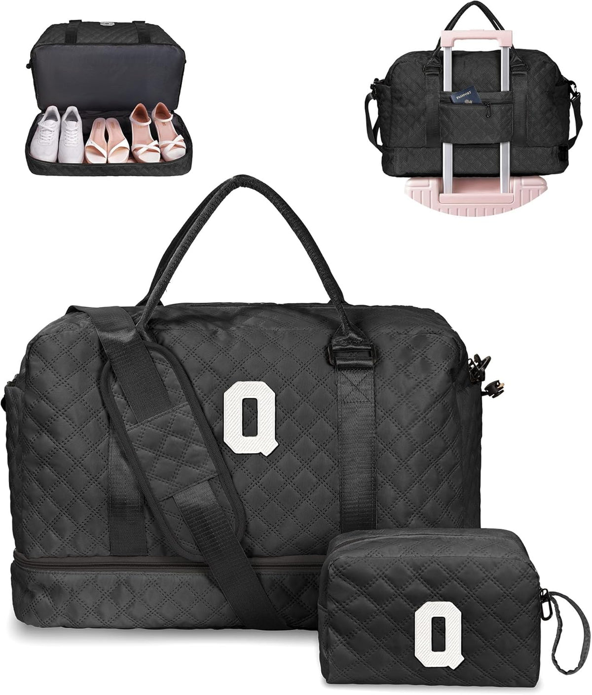 Teacher Appreciation Gifts for Women-Initial Duffle Bag with Shoe Compartment, Weekender Bag, Monogram Overnight Bag, Letter Travel Bag with Makeup Bag，Birthday Gift for Women Girl (Letter Q)