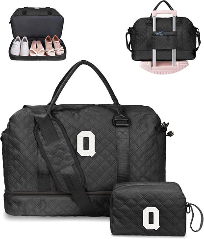 Teacher Appreciation Gifts for Women-Initial Duffle Bag with Shoe Compartment, Weekender Bag, Monogram Overnight Bag, Letter Travel Bag with Makeup Bag，Birthday Gift for Women Girl (Letter Q)