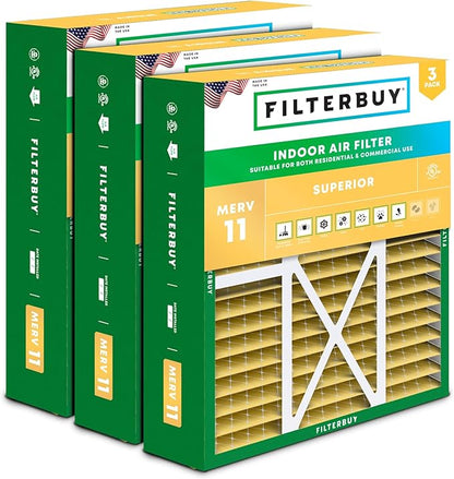 Filterbuy 20x22x5 Air Filter MERV 11 Superior Pet & Allergy Defense (3-Pack), Pleated HVAC AC Furnace Filters for Amana, Goodman, Nordyne, and Five Seasons (Actual Size: 19.50 x 21.94 x 5.25)