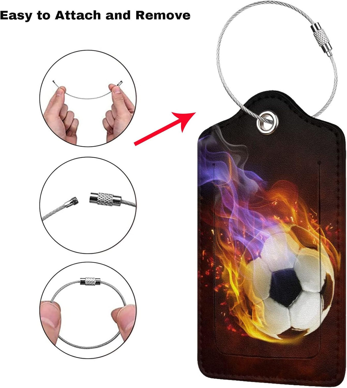 2 Pack Soccer Luggage Tag for Suitcases for Travel, Sports-Themed Backpack Bag Case Tags for Teen Boys Men Cool Flame PU Leather Baggage Tag with ID Label Privacy Flap Cover