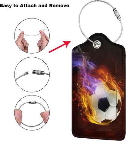 2 Pack Soccer Luggage Tag for Suitcases for Travel, Sports-Themed Backpack Bag Case Tags for Teen Boys Men Cool Flame PU Leather Baggage Tag with ID Label Privacy Flap Cover