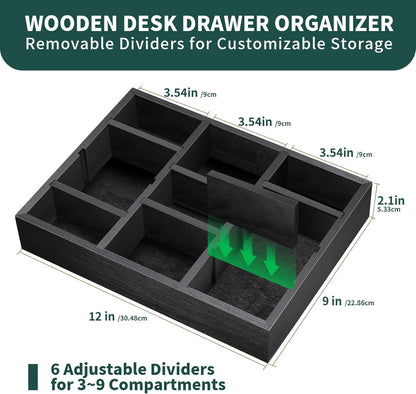 Desk Drawer Organizer Tray with 9 Adjustable Compartments, Wooden Office Desk Accessories Supplies Organization Storage for Desktop Bathroom Vanity Makeup Black