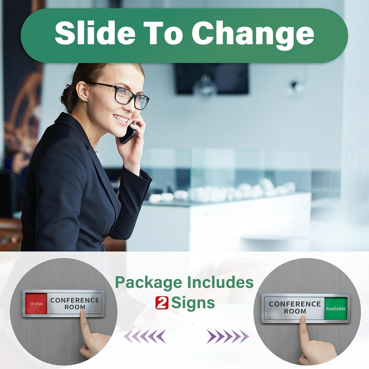 2 Pack Conference Room Office Door Signs Do Not Disturb, In Use/Available Slider Sign for Home Office Wellness Conference Vacant Occupied Privacy Slide Door Sign,Brushed Silver 8" x 2.6"
