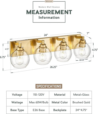 METWET Bathroom Light Fixtures, 4 Light Brushed Gold Vanity Light, 26 Inch