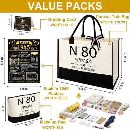 80th Birthday Gifts for Women Canvas Tote Bag Travel Gear, Unique 80 Years Old Gifts for Wife Sister Mom Aunt Friends Her, Vintage N°80 Handbag & Cosmetic Bag & Back in 1945 Poster