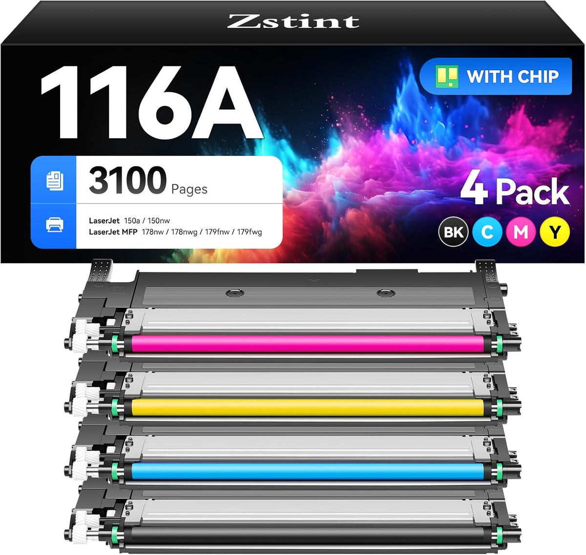 116A Toner Cartridge Set 4-Pack Replacement for HP 116A W2060A W2061A W2062A W2063A Compatible with HP Color Laser 150a 150nw MFP 178nw 178nwg 179fnw 179fwg Series Printer Black Cyan Magenta Yellow