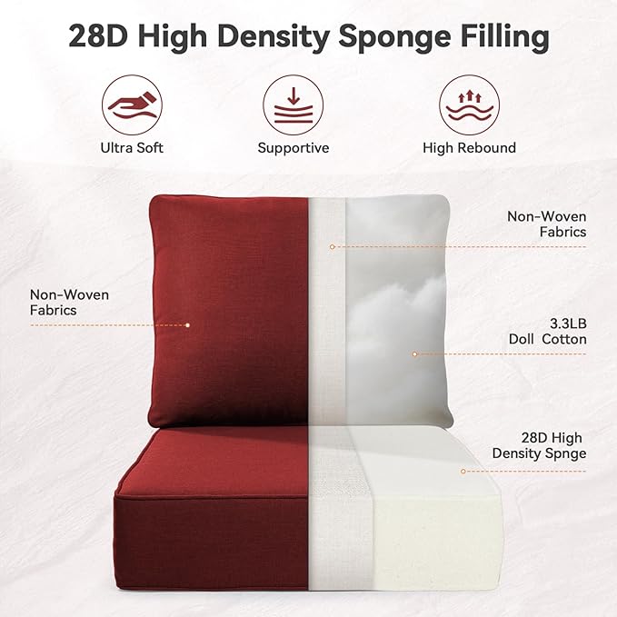 6" Thick Outdoor Cushions 22x24x6, 9-Set Deep Seat Patio Cushions with Removable Cover, Waterproof & Fade Resistant Replacement for Wicker Chair, Loveseat, Sofa - Red