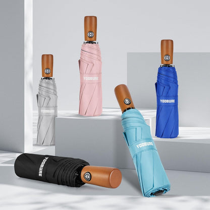 Yoobure Windproof Travel Umbrella with Wood Handle - Automatic Umbrellas for Rain & UV Sun Protection, Compact 46" Large Canopy, Lightweight Backpack Portable for Walking & Outdoor