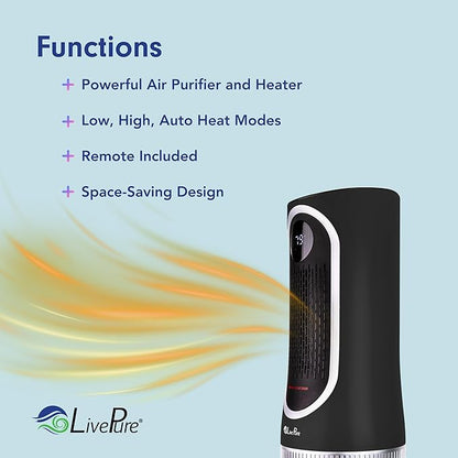 LivePure 3-in-1 LP500 Clean Heat Air Purifier & Electric Heater – Oscillating Portable Heater with 2 Heat Modes and Air Filtration – Heater for Indoor Use in Bedrooms, Home Office & Apartments, Black