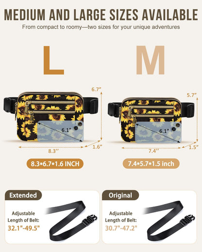 Capolo Fanny Packs for Women Fashion Waist Packs Bag with Adjustable Strap and 4 Zipper Pockets Waterproof Everywhere Crossbody Belt Bag for Workout Running Travelling(Sunflower, Large)