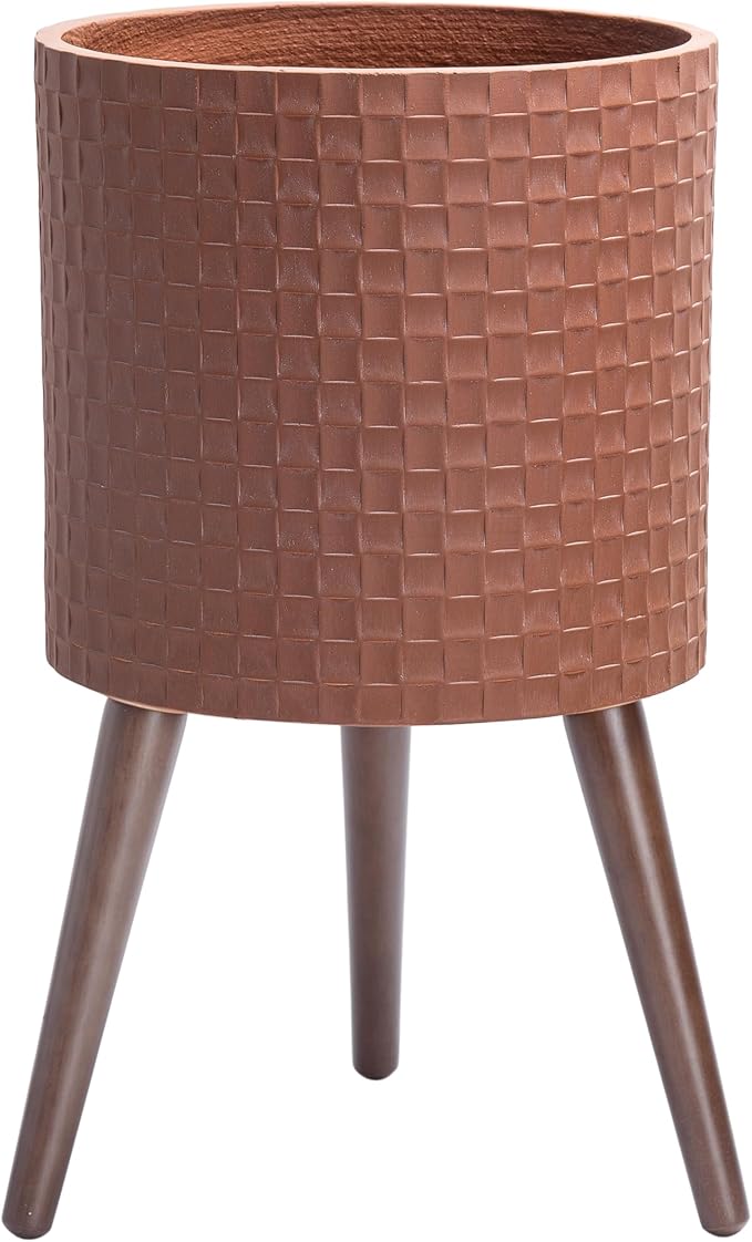 D'vine Dev 12 Inch Modern Geometric Tile Patterned Sleek Planter Pot with Stand, Indoor Outdoor Decorative Plant Holder, Terra Cotta, 88-Z-C-3