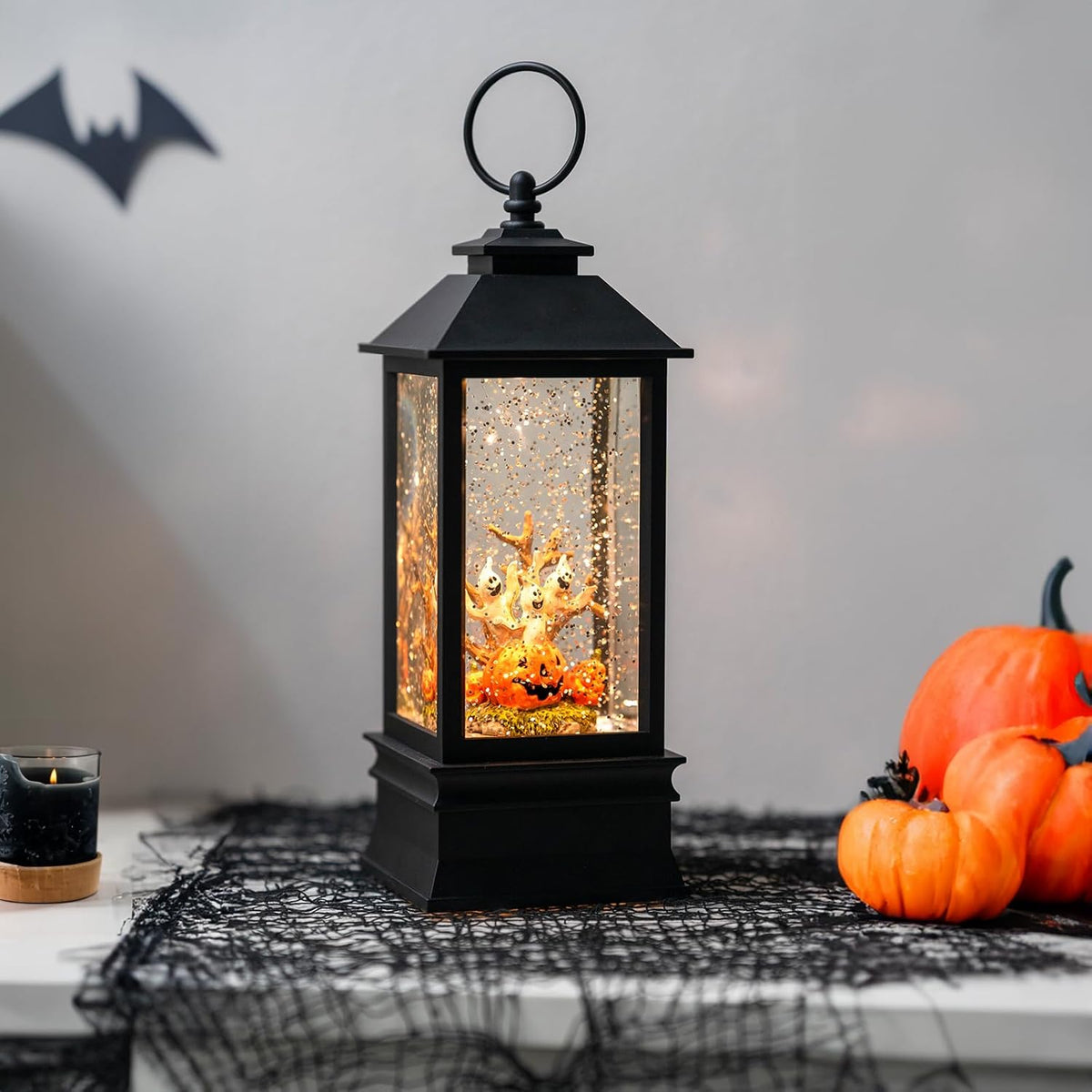 Halloween Snow Globe Lantern Water Glittering Spooky Ghosts in Pumpkins with Music, USB Lined/Battery Operated Lighted Lantern for Halloween Festival Decoration Gifts