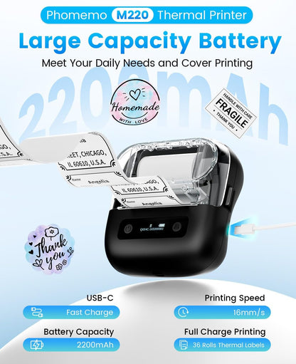 Phomemo Label Maker, M220 Thermal Label Printer, 80mm Portable Bluetooth Barcode Printer Compatible with Andriod/iOS for Home, Office, Small Business, with 3 Packs Label & Case