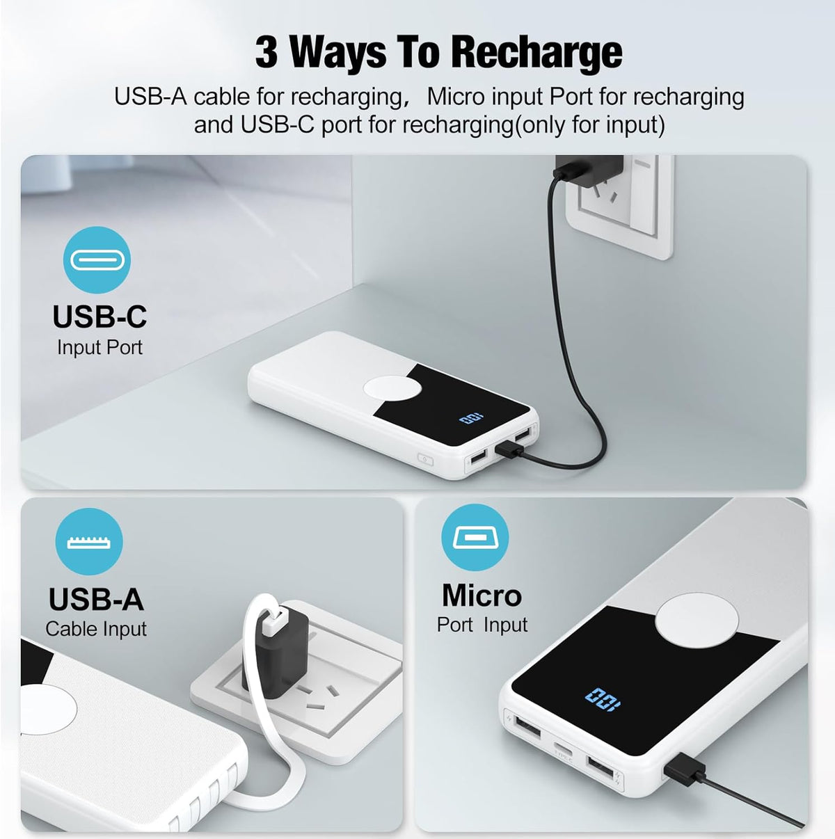 Portable Charger with Built in Cables,High Speed Power Bank 10000mAh Travel Battery Pack 5 Outputs 3 Inputs Portable Phone Charger Backup Battery for iPhone, Samsung, iPad,Tablets (White)
