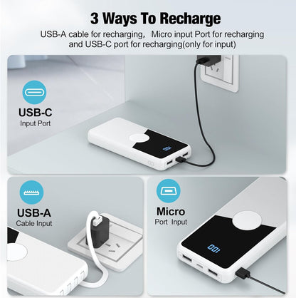 Portable Charger with Built in Cables,High Speed Power Bank 10000mAh Travel Battery Pack 5 Outputs 3 Inputs Portable Phone Charger Backup Battery for iPhone, Samsung, iPad,Tablets (White)