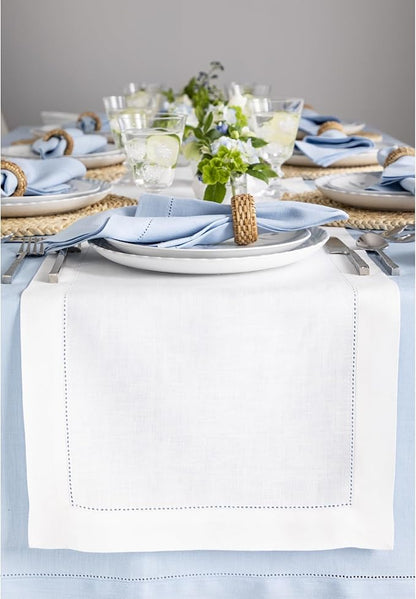 Solino Home Linen White Table Runner 144 Inches Long - 100% Pure Linen Extra Long Table Runner 14 x 144 Inch for Christmas, Holiday, New Year - Classic Hemstitch