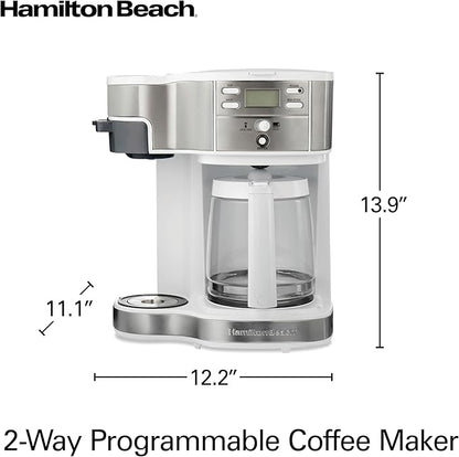 Hamilton Beach 2-Way Programmable Coffee Maker, 12 Cup Glass Carafe And Single Serve Coffee Maker, White with Stainless Steel Accents, 49933