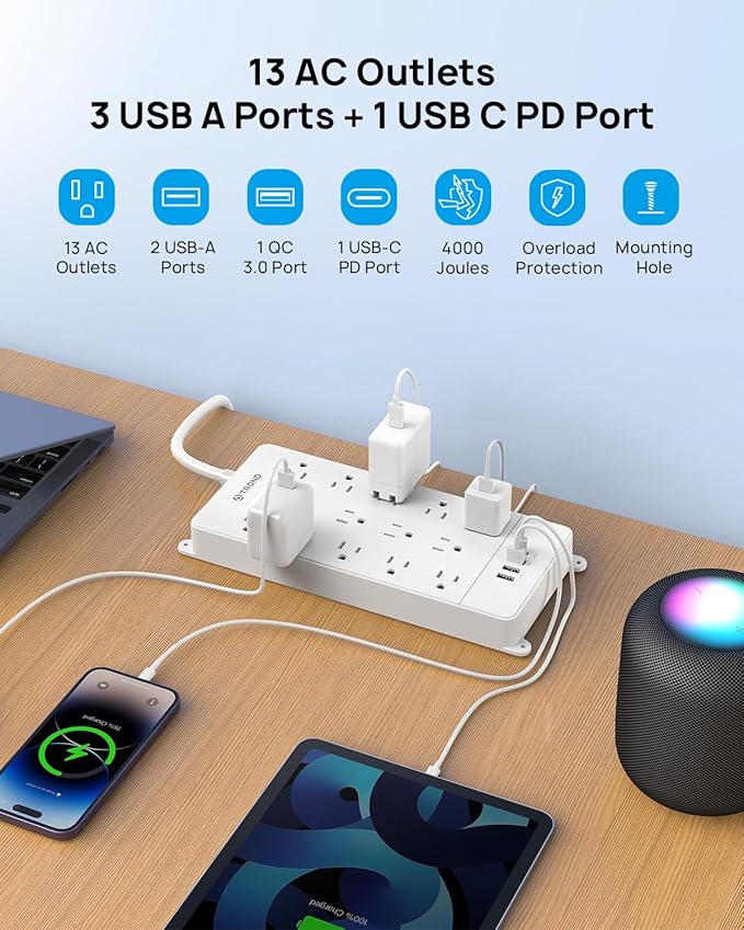 TROND Surge Protector Power Strip 15 ft, Flat Plug Extension Cord, 13 Wide