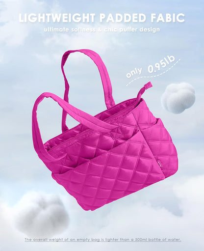Tote Bag for Women, Lightweight Puffer Tote Work Bags with Compartments for Travel, Quilted Shoulder Bag with Zipper