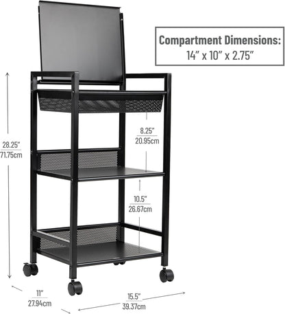 Mind Reader Cart with Covered Compartment, Office Organizer, Storage, 3-Tier, Office, Metal, 15.5" L x 11" W x 28.25" H, Black