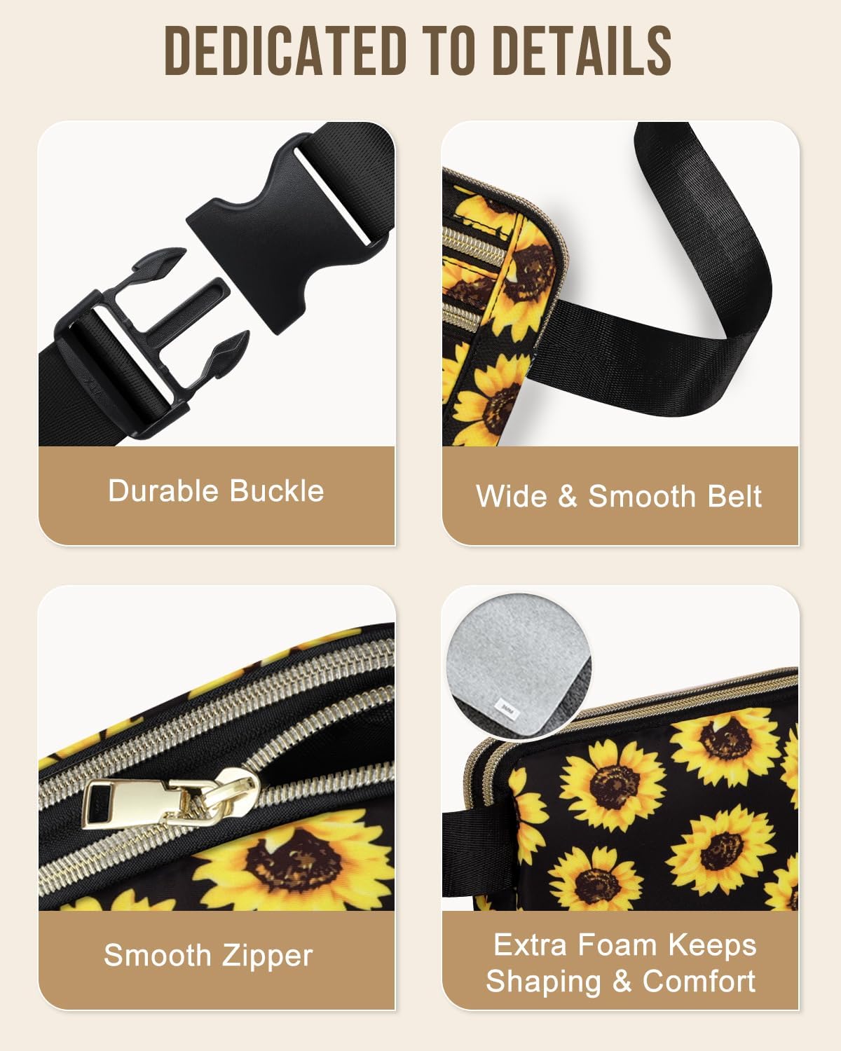 Capolo Fanny Packs for Women Fashion Waist Packs Bag with Adjustable Strap and 4 Zipper Pockets Waterproof Everywhere Crossbody Belt Bag for Workout Running Travelling(Sunflower, Large)