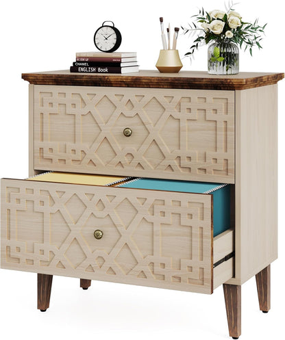 LITTLE TREE 2-Drawer File Cabinet, Wood Lateral Filing Cabinet for Home Office, Beige