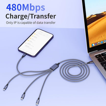 USB C Multi Charging Cable [1Pack 5FT], 4 in 1 Charging Cable Nylon Braided USB-C Multiple Charger Cord with Micro USB,IP Port and 2 Type C Adapter Port for iPhone 16/15 Series/Cell Phones and More