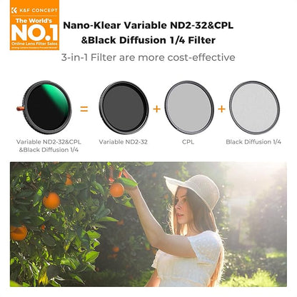 K&F CONCEPT 37mm Black Diffusion Mist Effect 1/4 & Variable ND2-32(1-5 Stops) & Circular Polarizing Filter CPL-in 1 Lens Filter with 18 Multi-Coatings for Camera Lenses (K-Series)