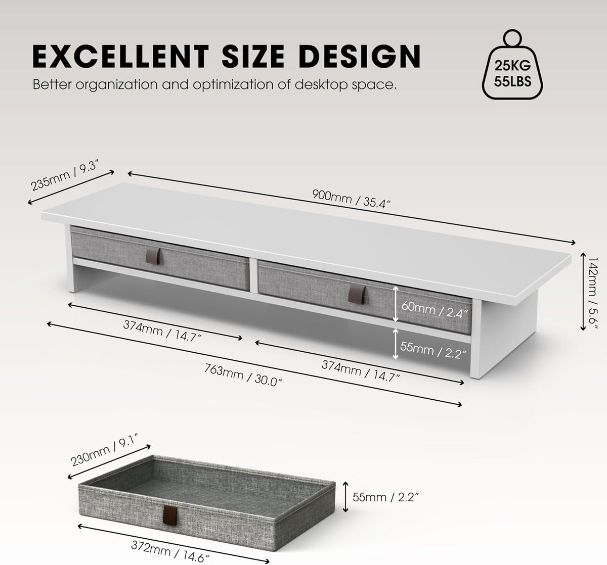 Fenge Monitor Stand with Drawer, 2 Tiers Dual Monitor Riser for Desk, 35 Inch Computer Stand for 2 Monitors, Desk Shelf for Home, Office, Laptop, PC, TV, Printer