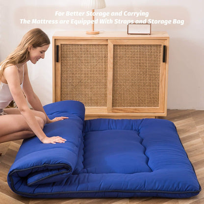 MAXYOYO Japanese Floor Mattress Futon Mattress, Thicken Sleeping Pad Foldable Roll Up Floor Futon for Adults Tatami Mat Dormitory Bed Lounger, Royal Blue, Queen Size