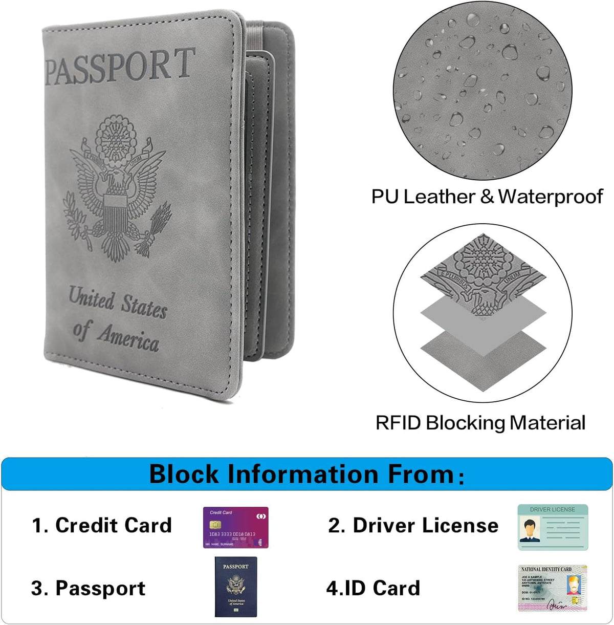 Melsbrinna RFID Passport Holder for Travel, Unisex Adults, Grey, PU Leather, RFID Protected, Passport Cover